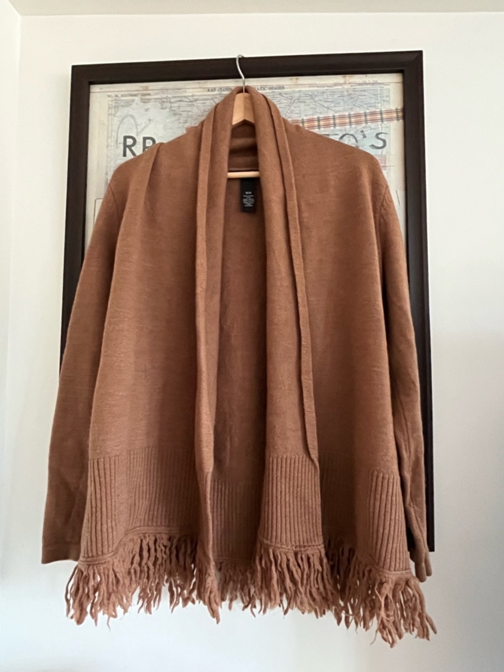 Marina Luna Italy 100% Merino Wool Open Front Fringe Trimmed Cardigan Camel M